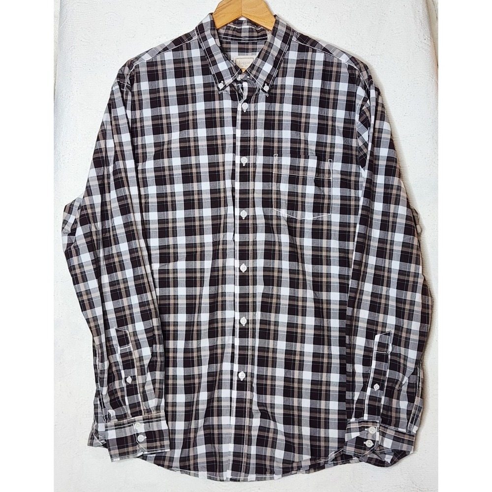 Haggar Mens Large Plaid Button Down Shirt Long Sleeve Black Tan White L Casual